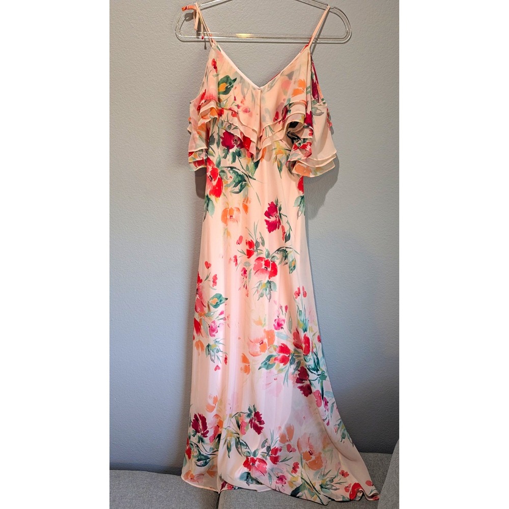 Calvin Klein Size 4 Pink Floral V-Neck Cold Shoulder Ruffle Maxi Dress